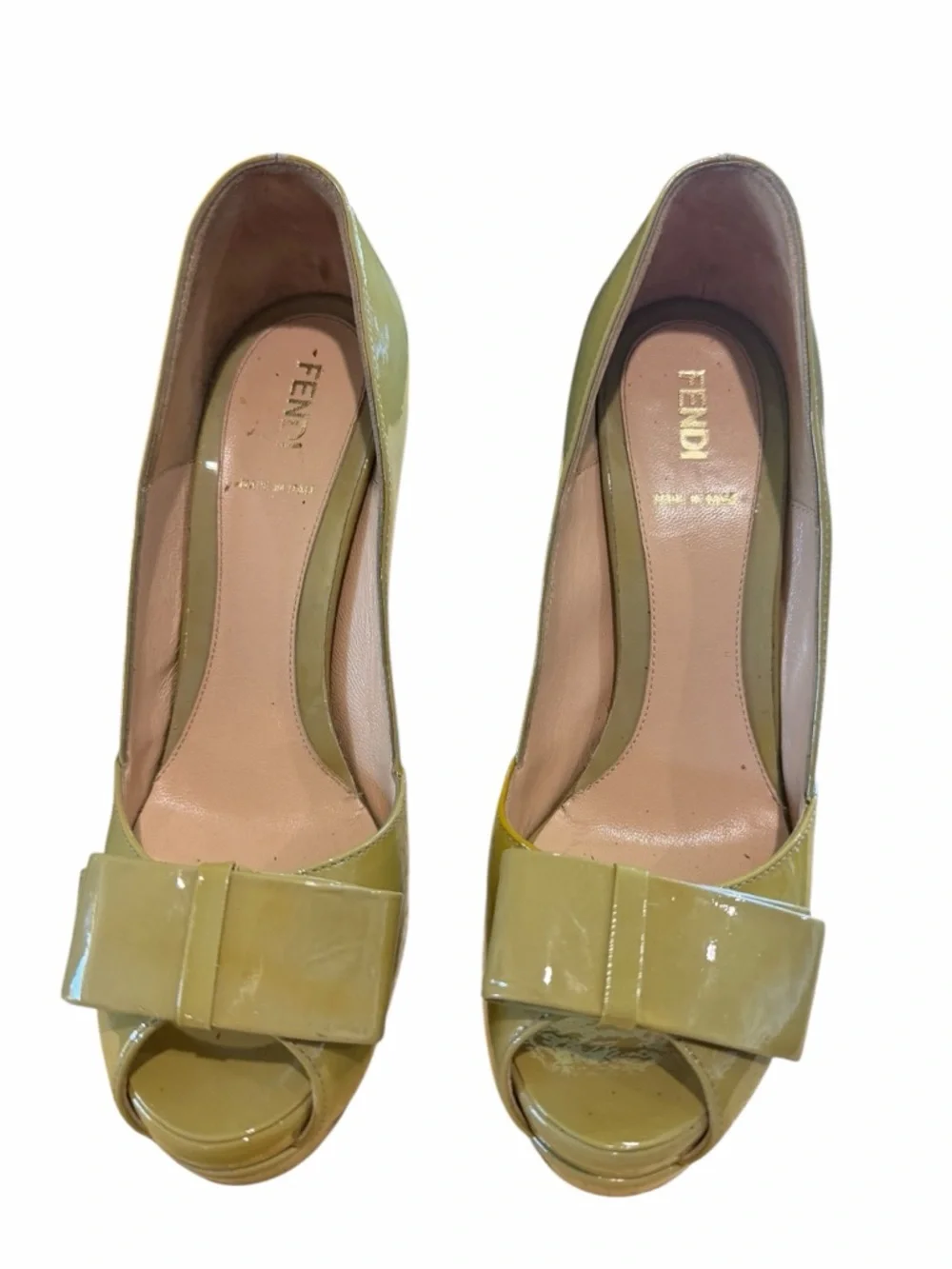 FENDI Olive Green Patent Peep-Toe Platform Pumps with Bow